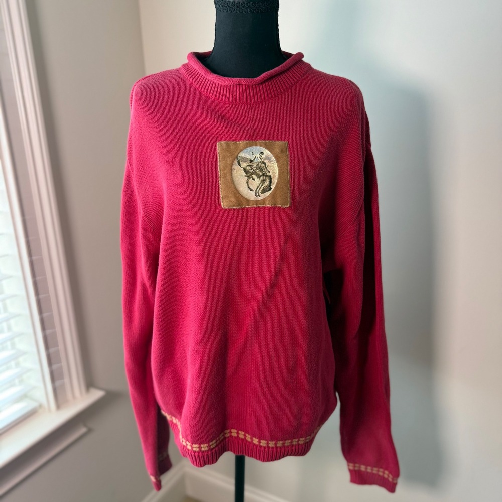 Vintage Red Bucking Bronco Western Knit Sweater Graphic Patch Crew Neck